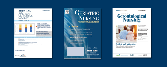 Covers of the Journal of the American Geriatrics Society, Geriatric Nursing, and Journal of Gerontological Nursing